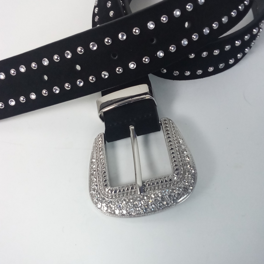 Anthropologie Rhinestone Studded Black Leather Belt Silver Accents Western NWOT - Picture 6 of 10